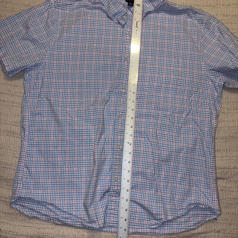 J.Crew‎ Flex Mens XL Short Sleeve Button Down Shirt Blue Pink Gingham Plaid XL